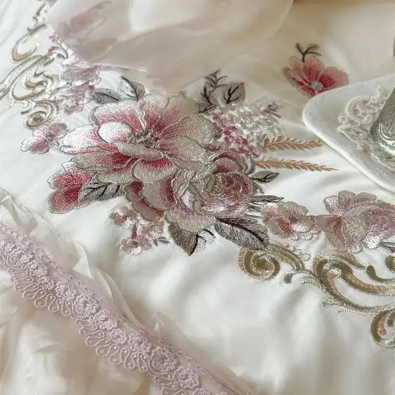 Elegant flowers embroidery lace bedding set bedroom cream cotton