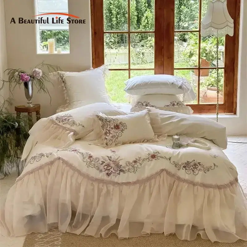 Elegant flowers embroidery lace bedding set bedroom cream cotton