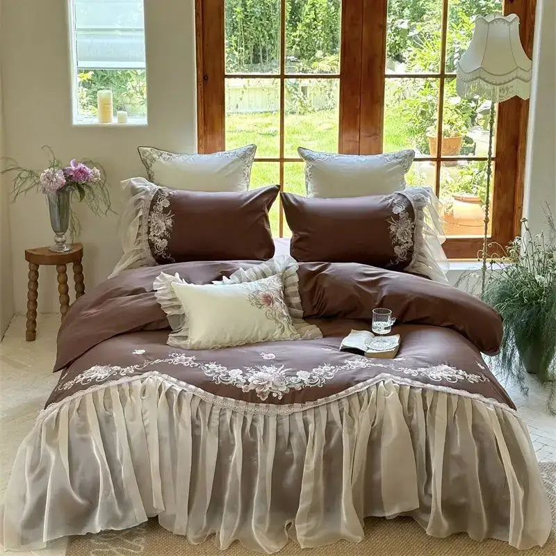 Elegant flowers embroidery lace bedding set bedroom cream cotton