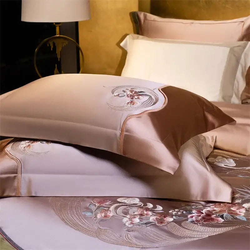 Elegant flowers embroidery rose gold & sage bedding set bedroom