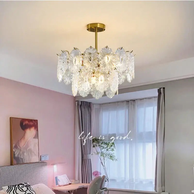 Elegant glass chandelier gold petal led light dining room