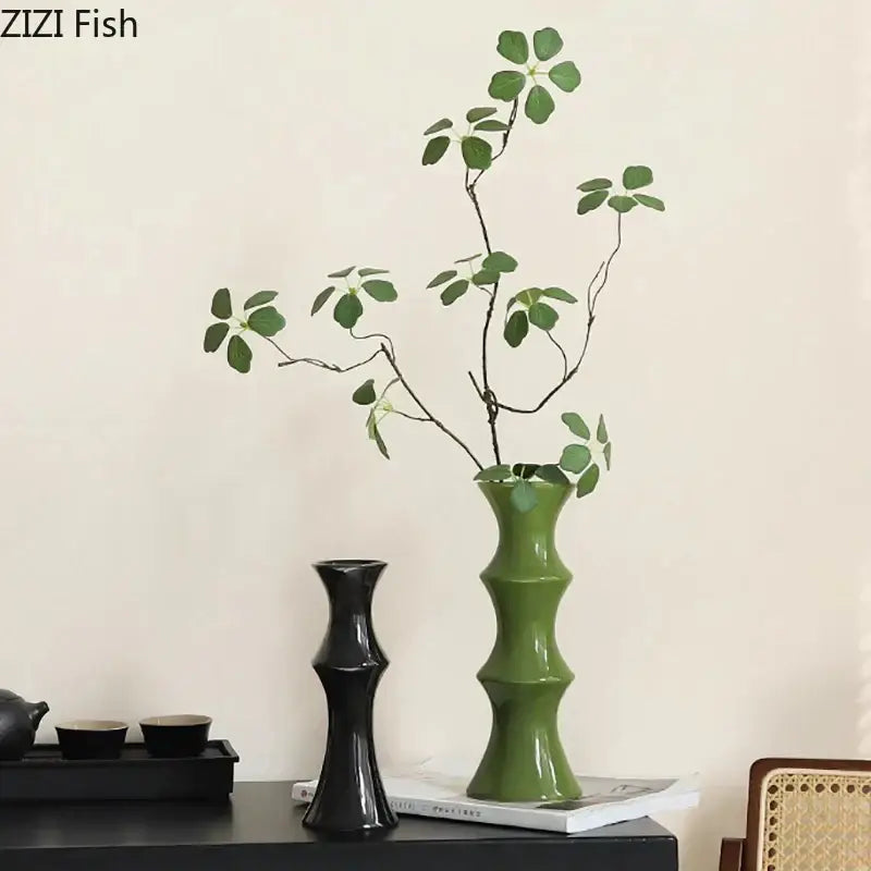 Elegant glossy black bamboo ceramic vase living room decor