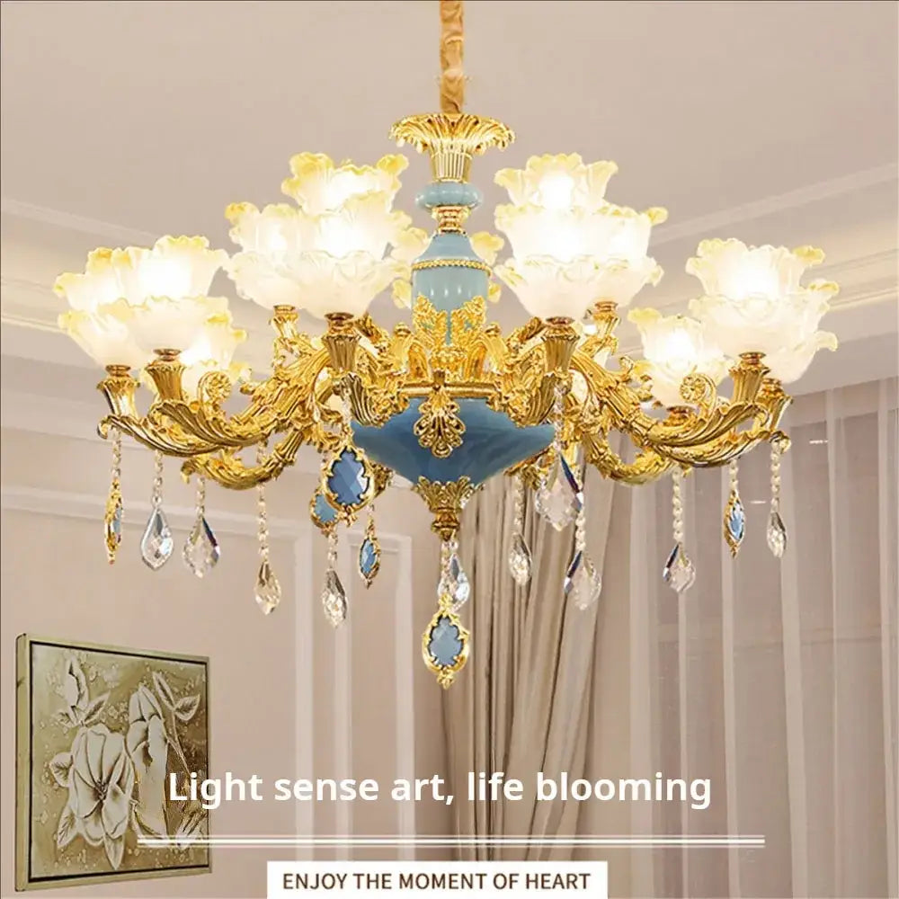 Elegant gold & blue crystal chandelier living room lighting