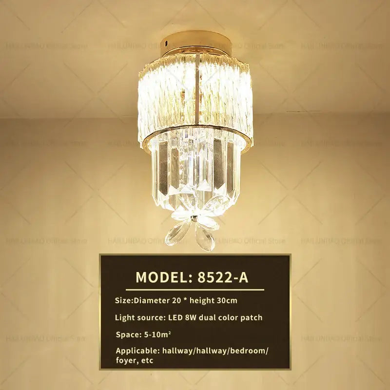 Elegant gold crystal ceiling light for hallway with glass prisms