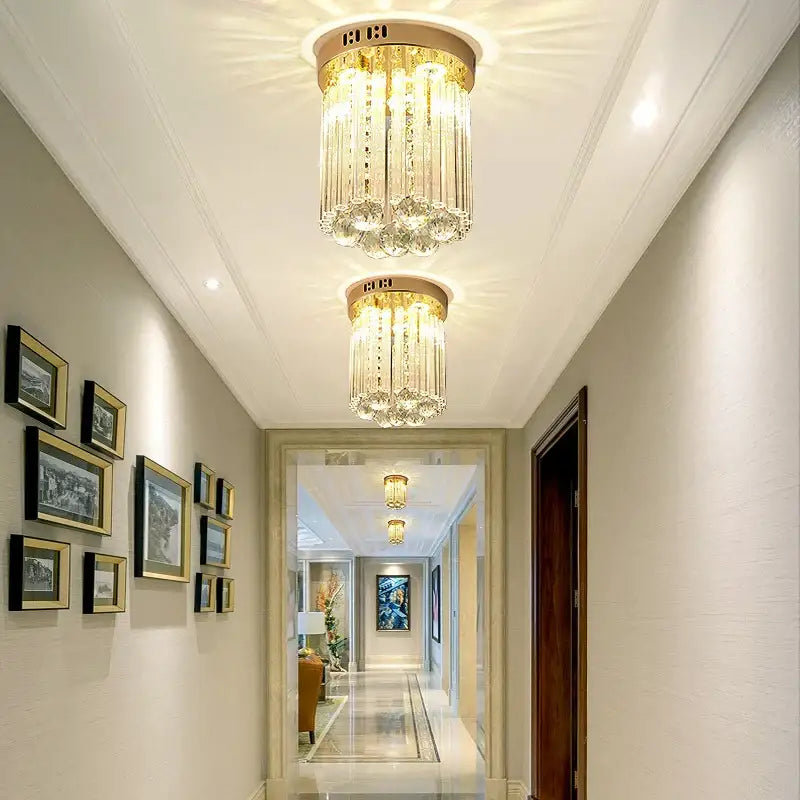 Elegant gold crystal ceiling light for hallway with glass prisms