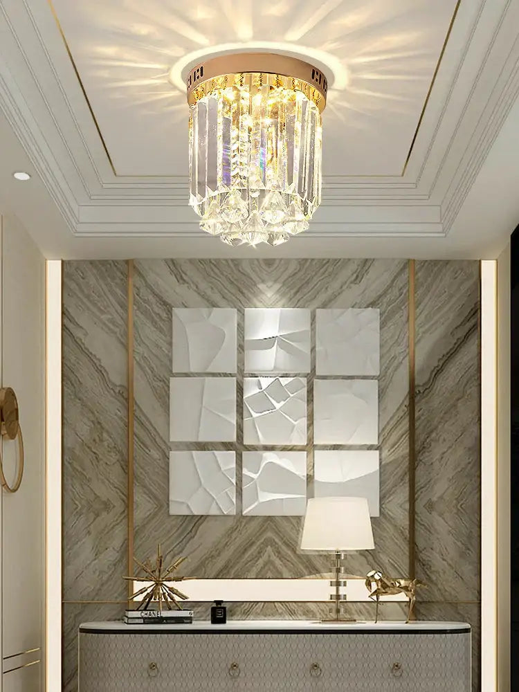 Elegant gold crystal ceiling light for hallway with glass prisms