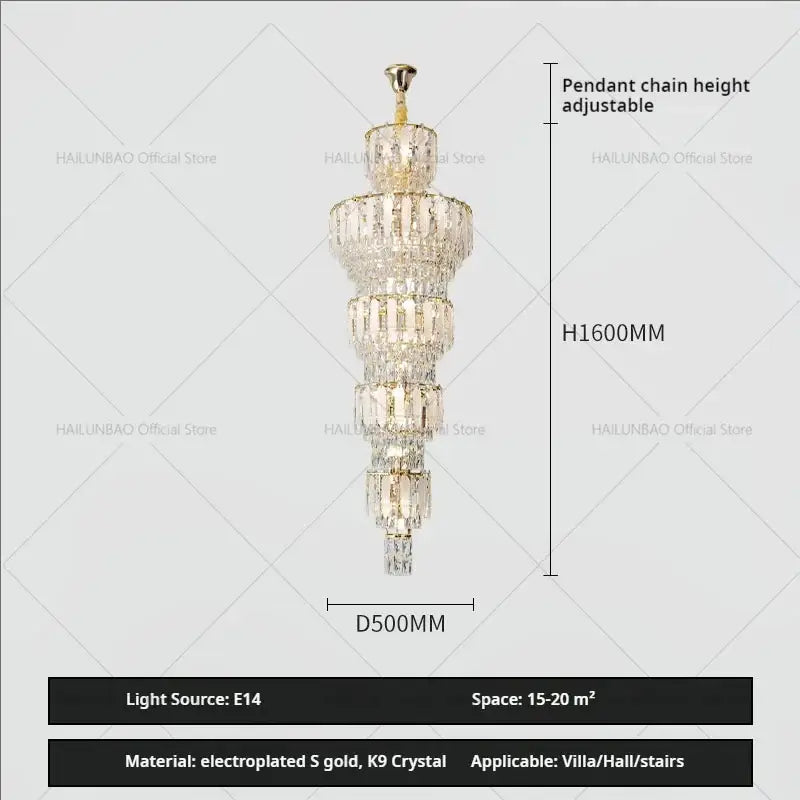 Elegant gold duplex villa crystal light chandelier for spiral staircase