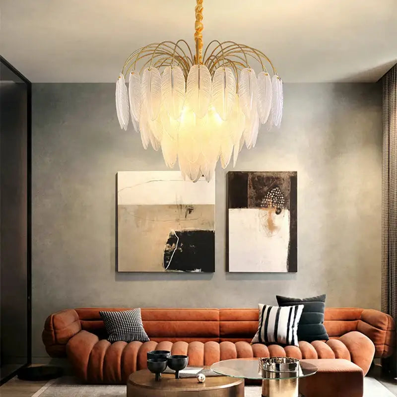 Elegant gold glass feather led hanging chandelier for foyer