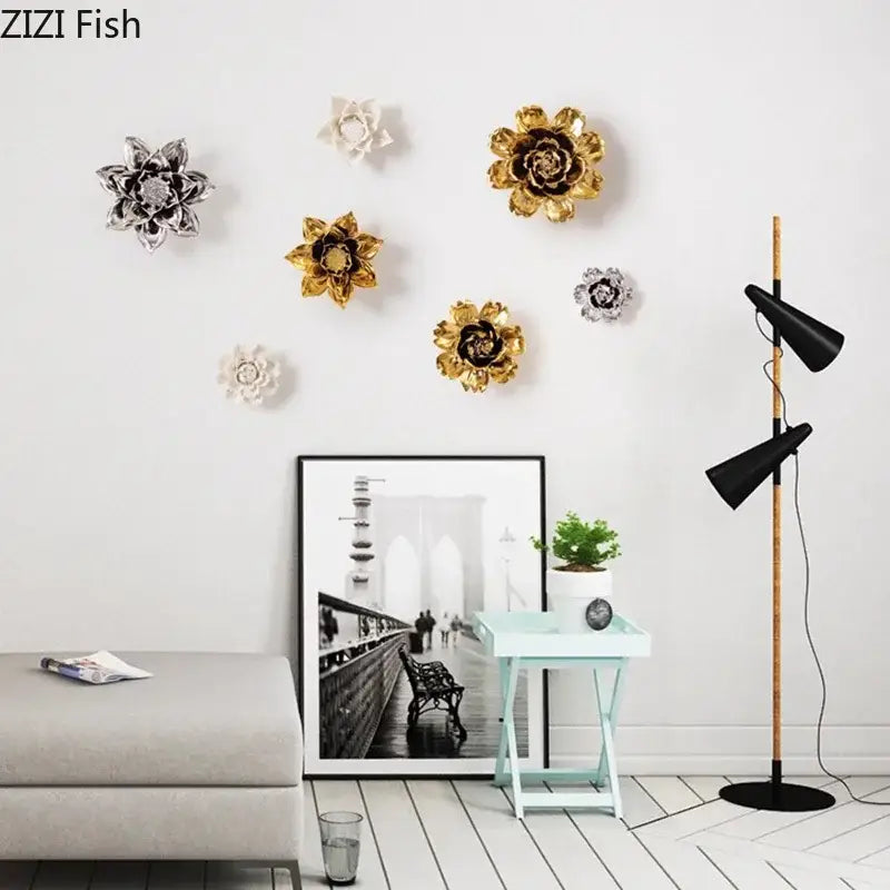 Elegant gold & silver porcelain peony wall ornaments living room decor