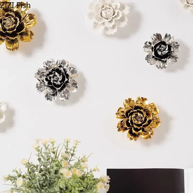 Elegant gold & silver porcelain peony wall ornaments living room decor