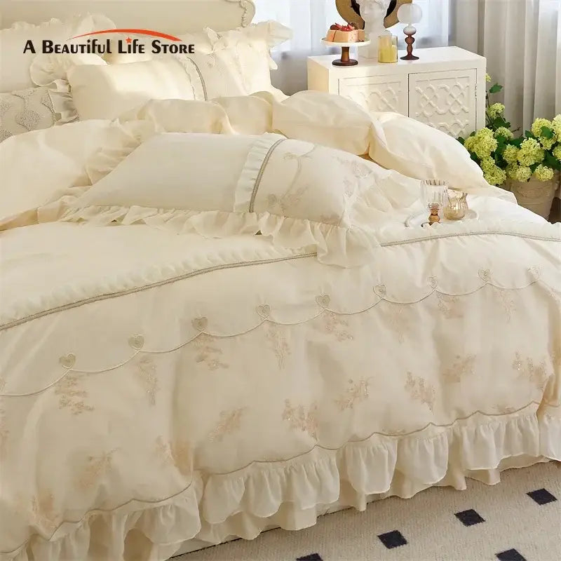 Elegant heart cream satin bedding set bedroom floral lace embroidery