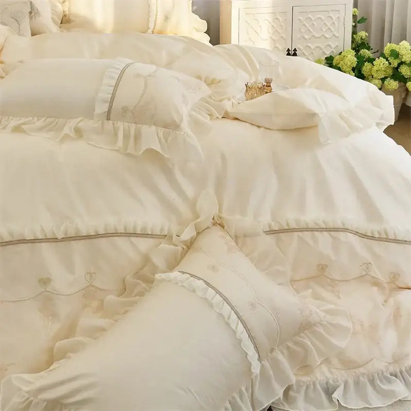 Elegant heart cream satin bedding set bedroom floral lace embroidery