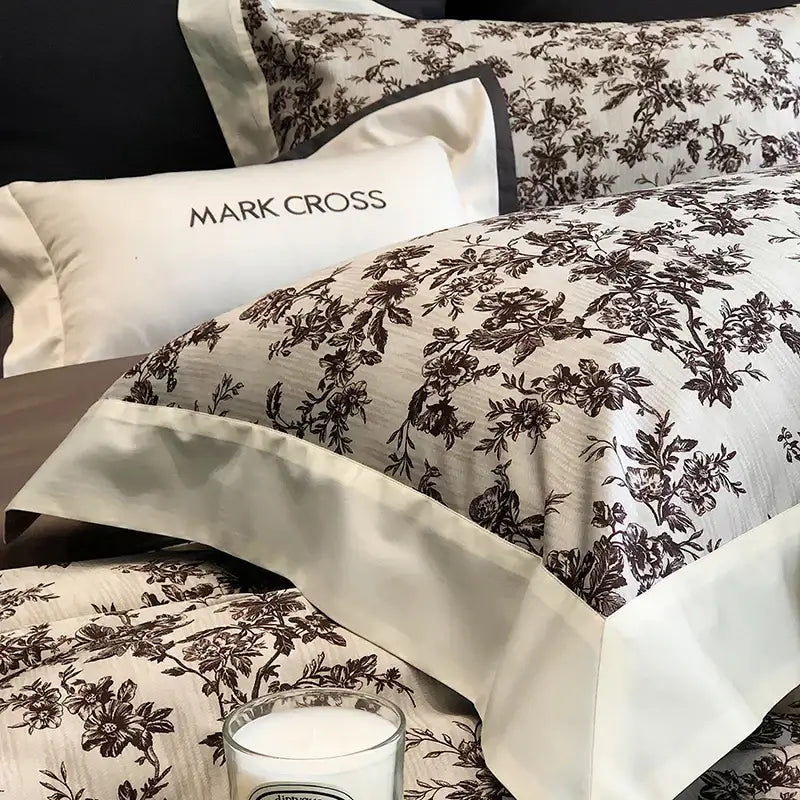 Elegant ivory & dark brown floral egyptian cotton bedding sets bedroom
