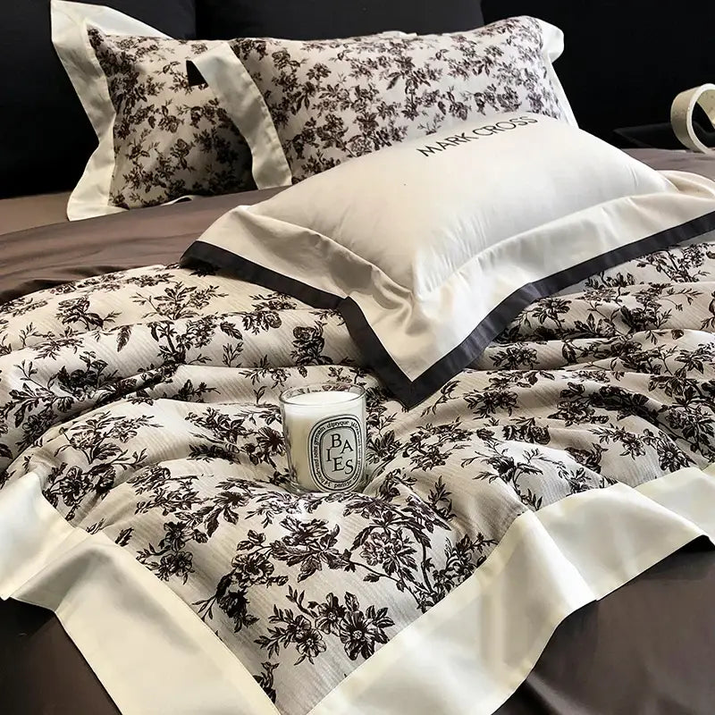 Elegant ivory & dark brown floral egyptian cotton bedding sets bedroom