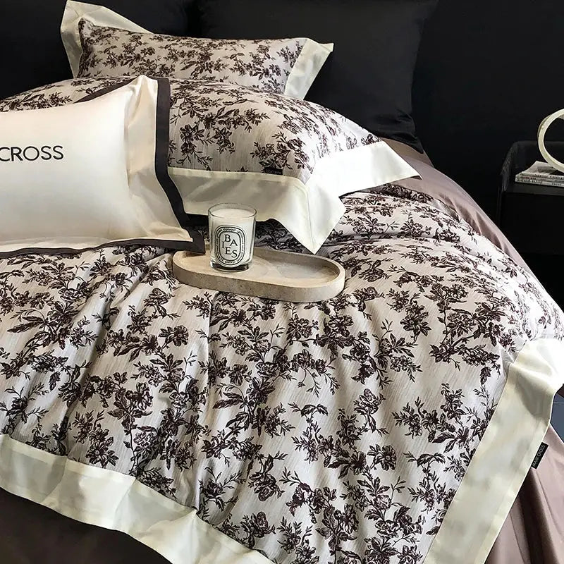 Elegant ivory & dark brown floral egyptian cotton bedding sets bedroom
