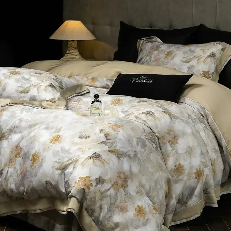 Elegant ivory floral print eucalyptus fiber bedding set bedroom