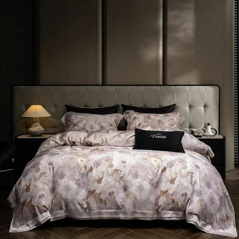 Elegant ivory floral print eucalyptus fiber bedding set bedroom
