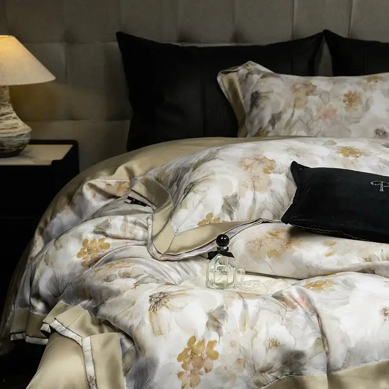 Elegant ivory floral print eucalyptus fiber bedding set bedroom