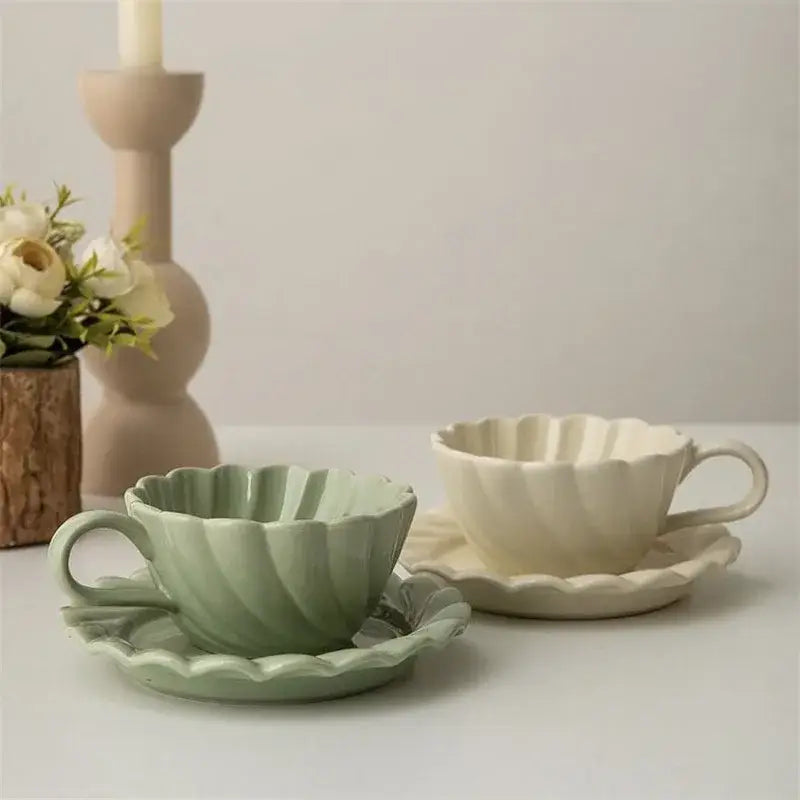 Elegant lace ceramic coffee cup and saucer set white & mint dining room