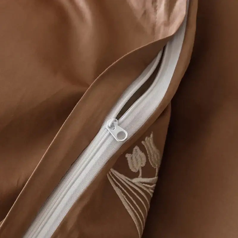 Elegant lily brown & white cotton bedding set bedroom embroidery