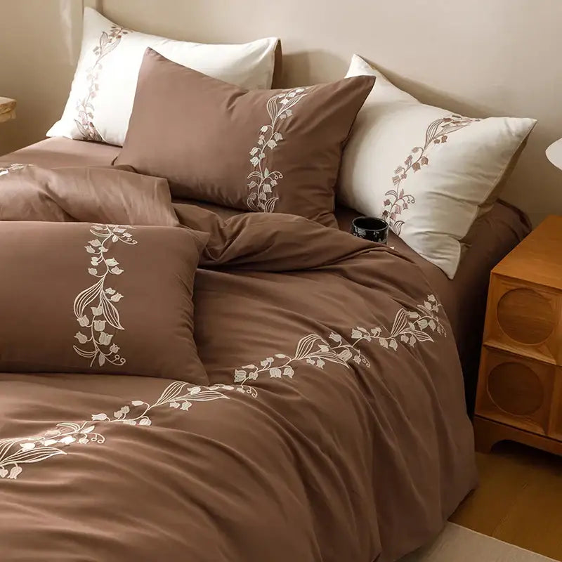 Elegant lily brown & white cotton bedding set bedroom embroidery