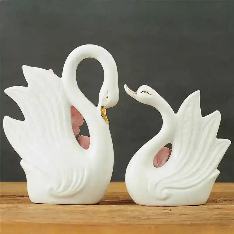 Elegant swan sculpture figurines white & pink living room decor