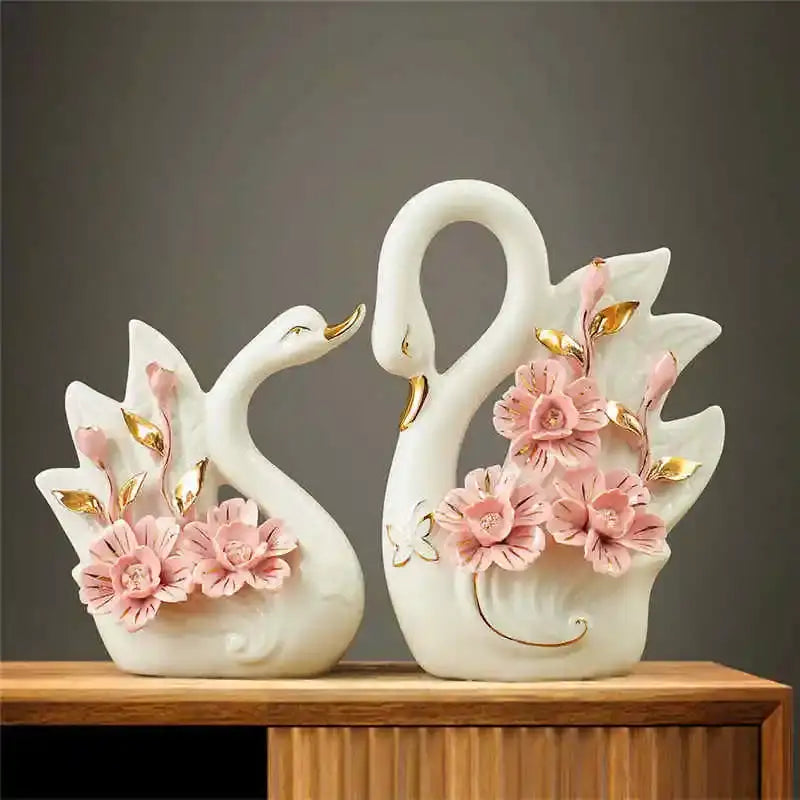 Elegant swan sculpture figurines white & pink living room decor