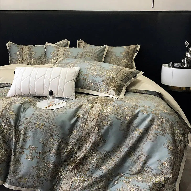 Elegant teal & gold floral luxury bedding set bedroom duvet cover