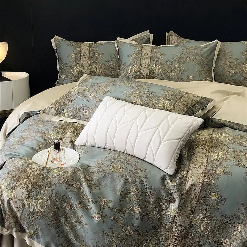 Elegant teal & gold floral luxury bedding set bedroom duvet cover
