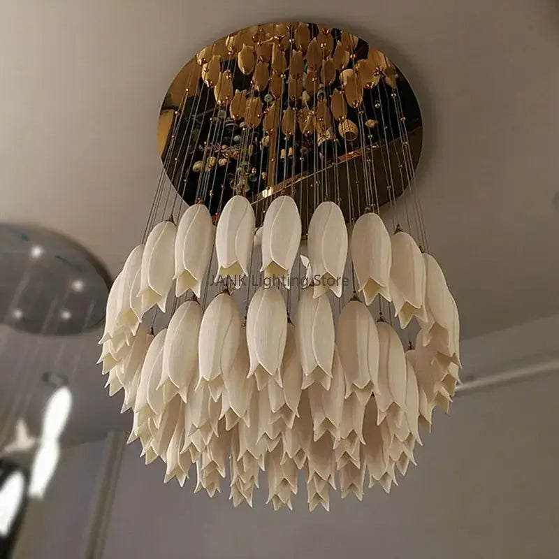 Elegant tulip staircase chandelier gold frosted glass lobby light