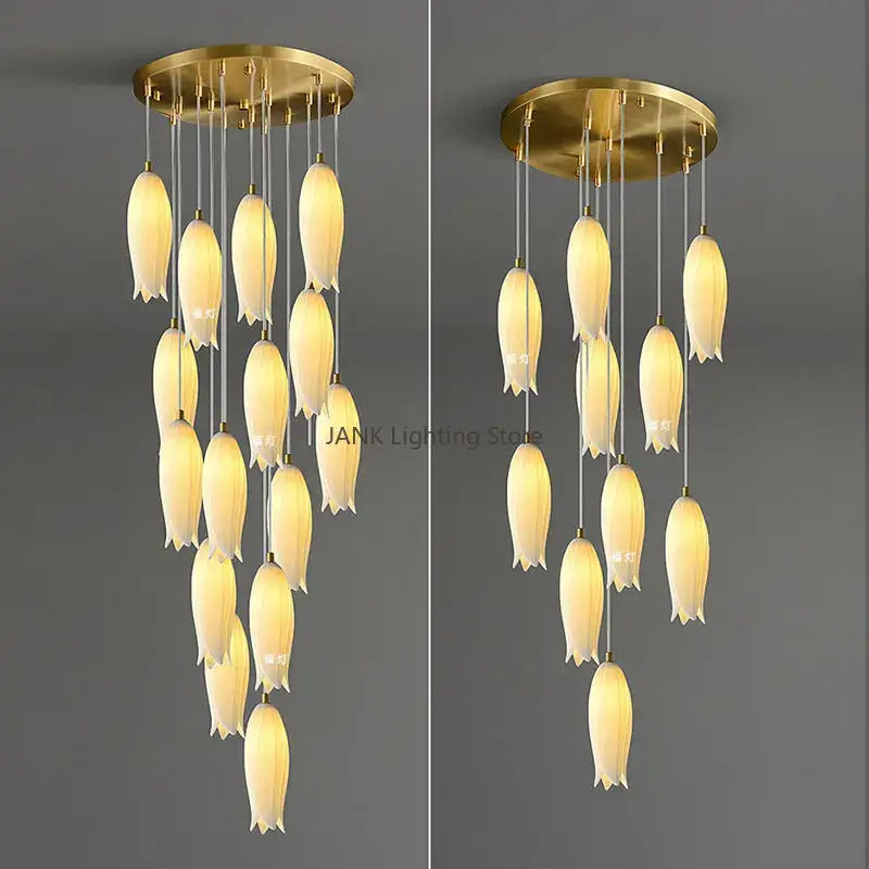 Elegant tulip staircase chandelier gold frosted glass lobby light