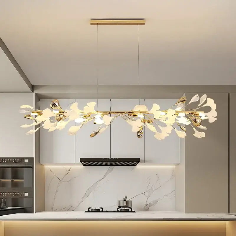 Elegant white and gold ginkgo branch ceramic chandelier dining room