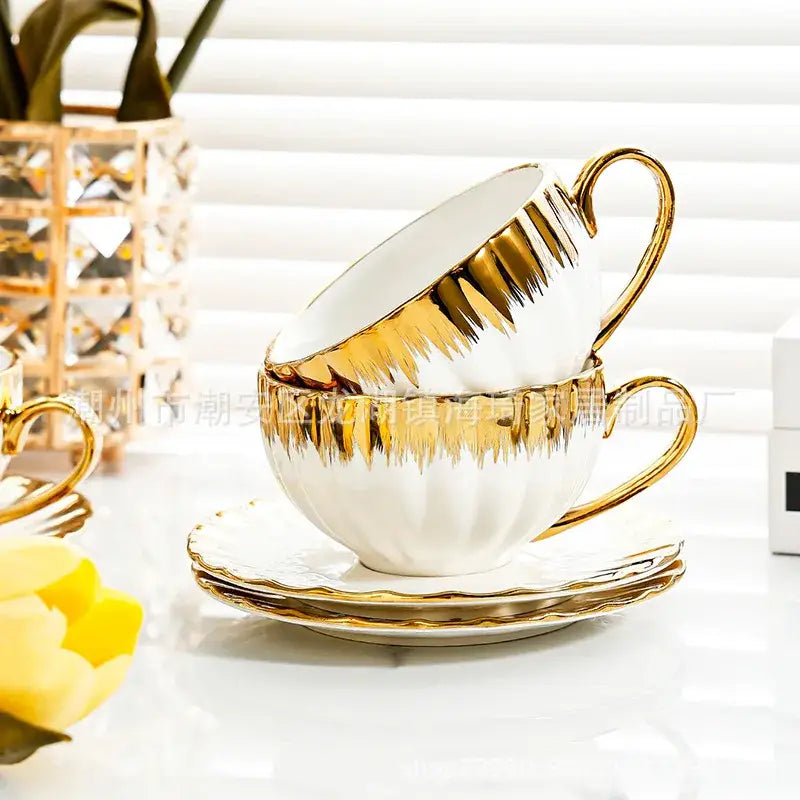 Elegant white and golden ceramic tea cup set dining room drinkware