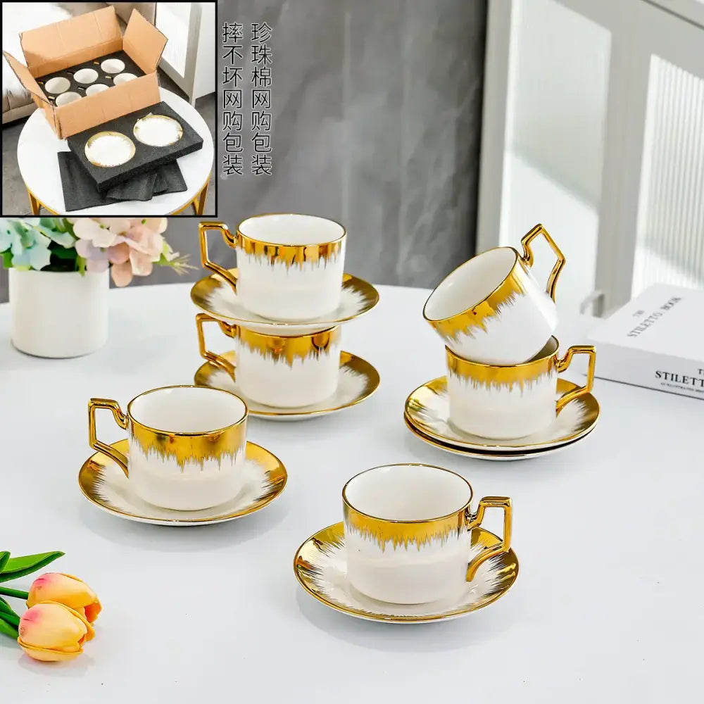 Elegant white and golden ceramic tea cup set dining room drinkware