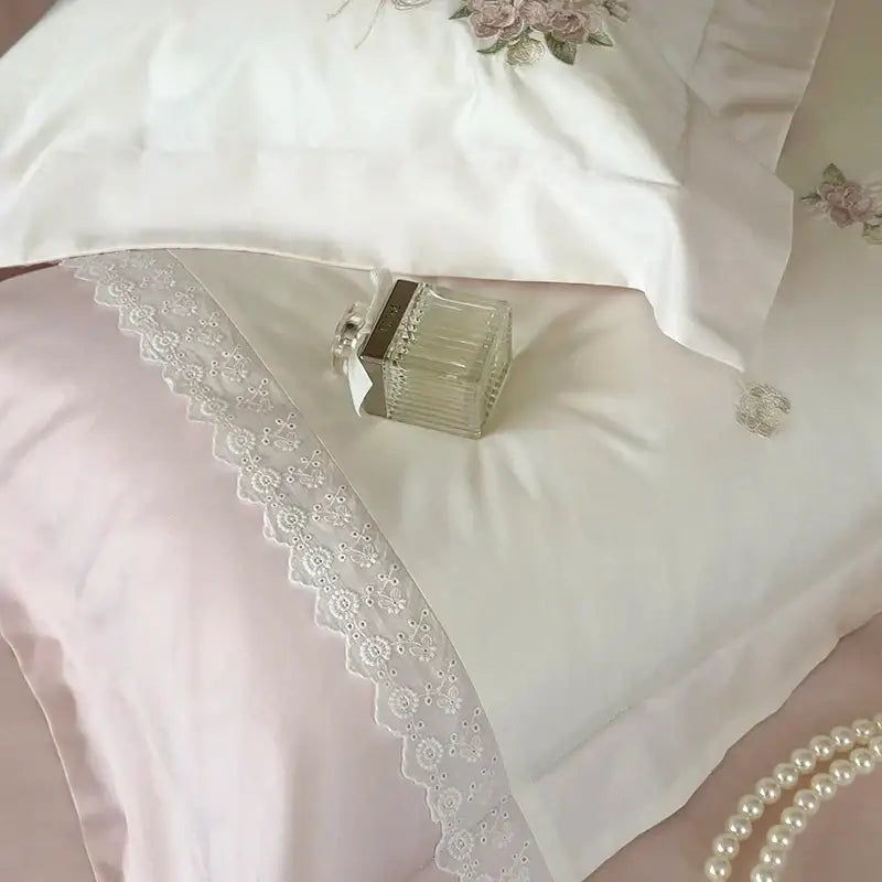 Elegant white flowers embroidery lace bedding set bedroom duvet cover