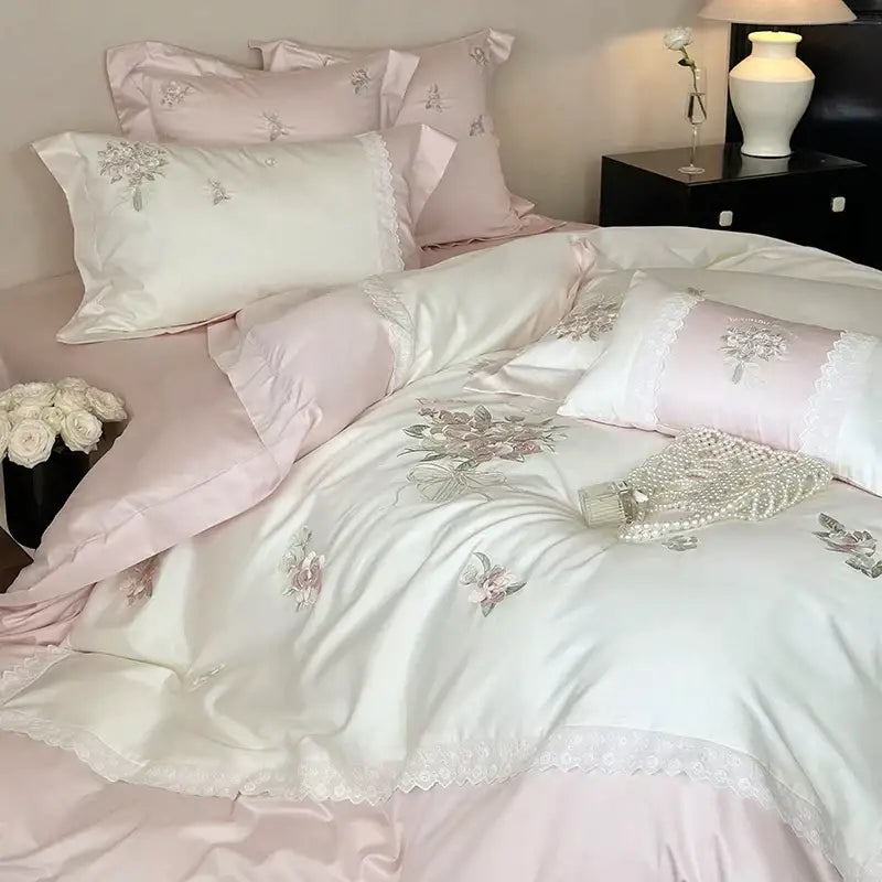 Elegant white flowers embroidery lace bedding set bedroom duvet cover