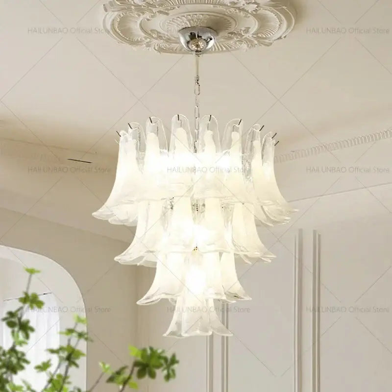 Elegant white glass petal chandelier staircase crystal light