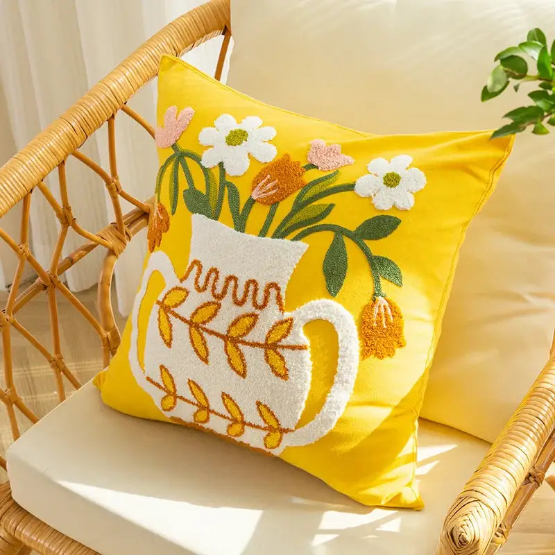 Elegant yellow vase flower cushion cover living room embroidery