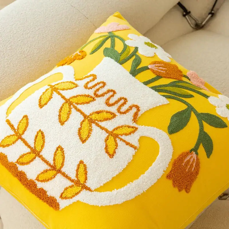 Elegant yellow vase flower cushion cover living room embroidery