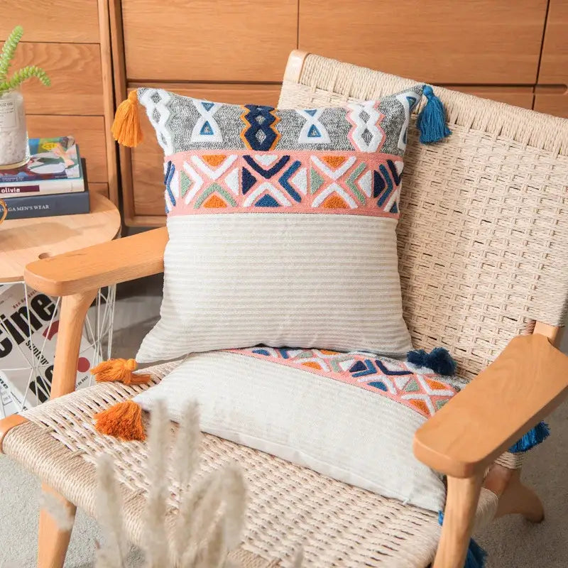 Embroidered blue tufted pillow cover bedroom boho cushion