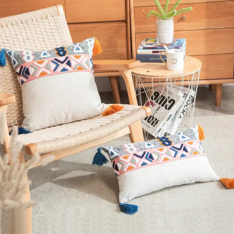 Embroidered blue tufted pillow cover bedroom boho cushion