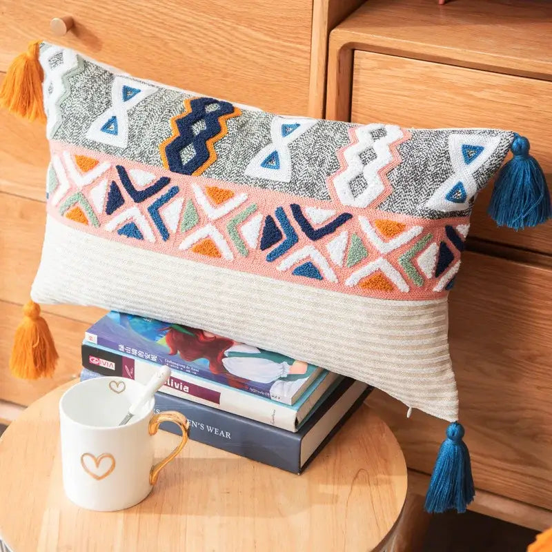 Embroidered blue tufted pillow cover bedroom boho cushion