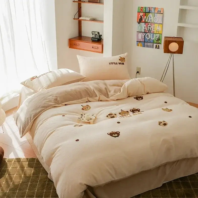 Embroidered fleece winter bedding set cream bedroom teddy bear design