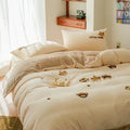 Embroidered fleece winter bedding set cream bedroom teddy bear design