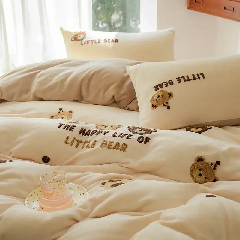 Embroidered fleece winter bedding set cream bedroom teddy bear design