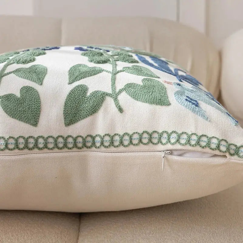 Embroidered floral bird white office cushion pillowcase office