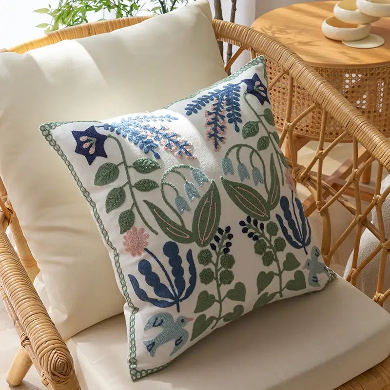 Embroidered floral bird white office cushion pillowcase office