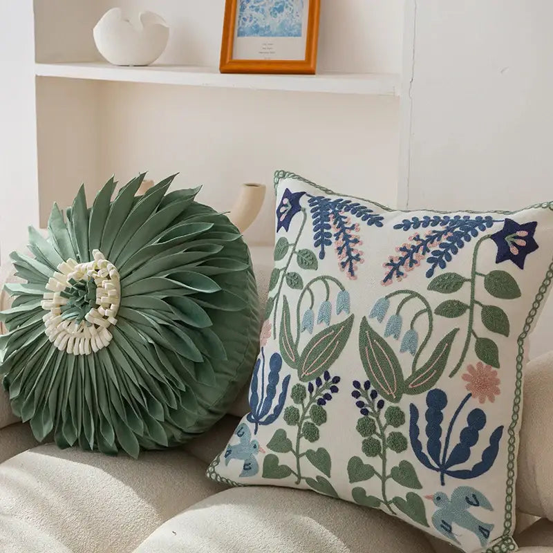 Embroidered floral bird white office cushion pillowcase office