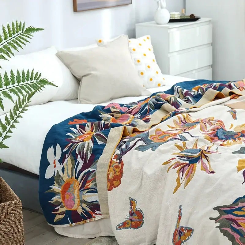 Embroidered floral blue & cream decorbites cotton gauze bedroom blanket