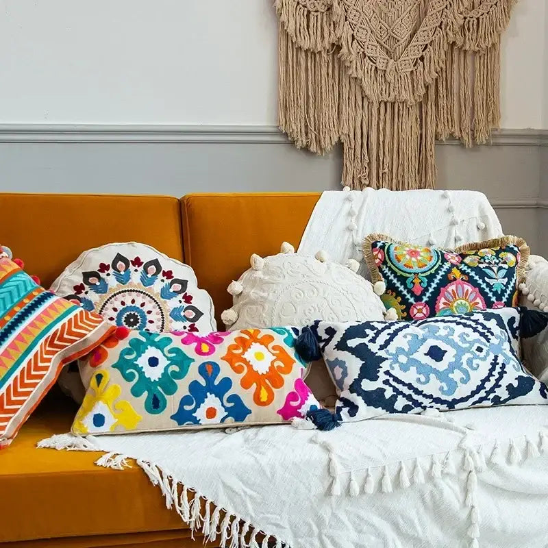 Embroidered flower boho long cushion covers bedroom floral pillow